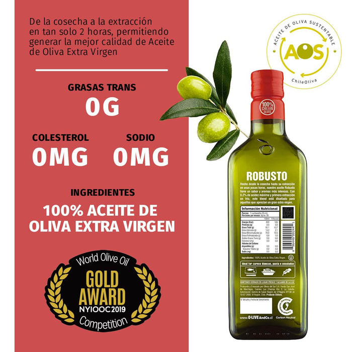 Botella de 750 ml de aceite de oliva O-Live&Co Robusto Indica la cantidad de grasas trans que tiene (cero), colesterol (cero) y sodio (cero), además indica que de la cosecha a la extracción en tan solo 2 horas, permite generar la mejor calidad de aceite d